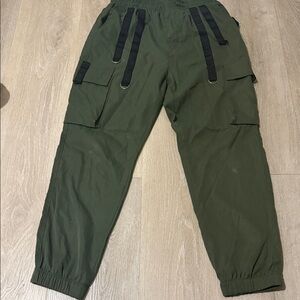 SHEIN Men's Olive Green Cargo Jogger Pants with Black Strap Details